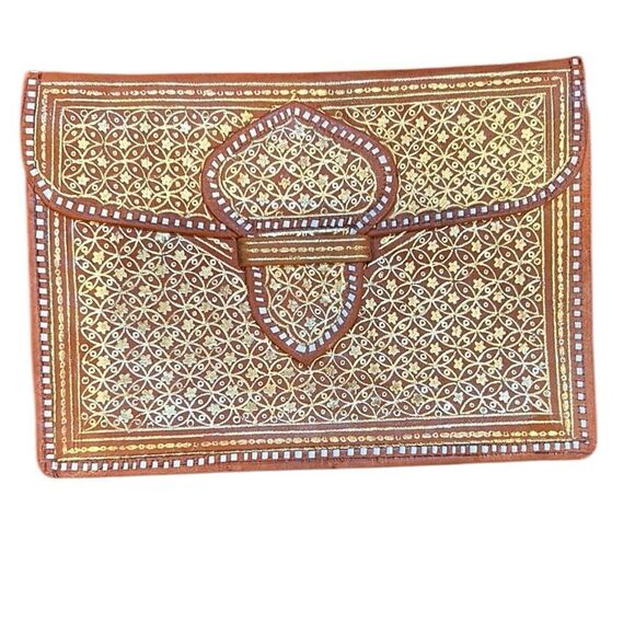 Clutch envelope Tangerine Orange Soft Leather Gold Stamped Accent White Border - Picture 1 of 7